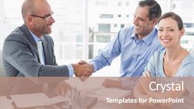  Presentation with hands and word volunteer - Beautiful PPT layouts featuring man conversation - businessman shaking hands backdrop and a coral colored foreground