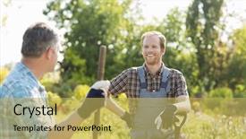  Presentation with nursery plant - PPT theme featuring man conversation - happy gardeners talking at plant background and a  colored foreground