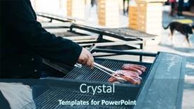  Presentation with barbecue - Slides enhanced with man cooking sausages on barbecue on street market background and a ocean colored foreground