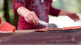  Presentation with outdoor party - Presentation design having man cooking tasty food on barbecue grill for outdoor french dinner party near the river on beautiful summer evening in nature background and a violet colored foreground