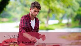  Presentation with outdoor party - Presentation design featuring man cooking tasty food on barbecue grill for outdoor french dinner party near the river on beautiful summer evening in nature background and a red colored foreground