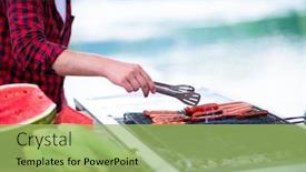  Presentation with outdoor party - Presentation theme consisting of man cooking tasty food on barbecue grill for outdoor french dinner party near the river on beautiful summer evening in nature background and a mint green colored foreground