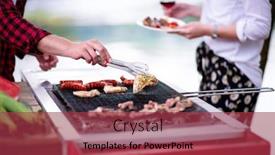  Presentation with outdoor party - Presentation design consisting of man cooking tasty food on barbecue grill for outdoor french dinner party near the river on beautiful summer evening in nature background and a red colored foreground