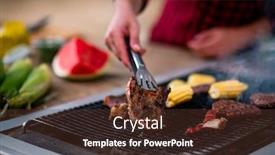  Presentation with outdoor party - Colorful presentation design enhanced with man cooking tasty food on barbecue grill for outdoor french dinner party near the river on beautiful summer evening in nature backdrop and a tawny brown colored foreground