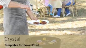 Presentation with steaks - Colorful presentation theme enhanced with man cooking tasty steaks on barbecue grill outdoors backdrop and a coral colored foreground