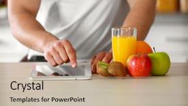  Presentation with man relaxing on massage table - Colorful slide deck enhanced with man counting calories on tablet backdrop and a mint green colored foreground