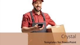  Presentation with man holding phone - Amazing theme having man-courier-holding-a-cardboard backdrop and a coral colored foreground