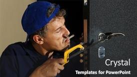  Presentation with man door - Presentation theme with man cracks the door lock background and a dark gray colored foreground
