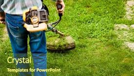  Presentation with weed - Presentation design with man cutting grass in garden background and a tawny brown colored foreground