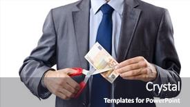  Presentation with drop - Theme featuring man cutting money on white background and a wine colored foreground