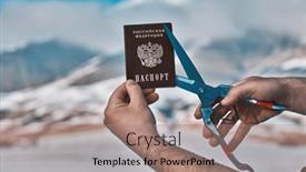  Presentation with passport - PPT theme featuring man-cutting-russian-passport background and a coral colored foreground