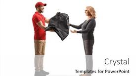  Presentation with dry cleaning - Slide deck having man-delivering-a-dry-cleaning background and a white colored foreground