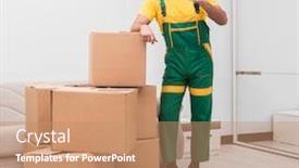  Presentation with boxes - Amazing PPT theme having man-delivering-boxes-during-house backdrop and a coral colored foreground