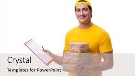  Presentation with white christmas - Audience pleasing slide deck consisting of man delivering christmas present isolated backdrop and a  colored foreground