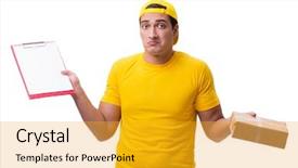  Presentation with white christmas - Slide set featuring man delivering christmas present isolated background and a  colored foreground