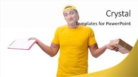  Presentation with white christmas - PPT theme consisting of man delivering christmas present isolated background and a  colored foreground