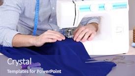  Presentation with sewing machine safety - Slide deck featuring man direct fabric in sewing background and a navy blue colored foreground