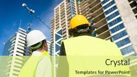  Presentation with construction site construction - Presentation theme enhanced with man diser - architects or civil engineers visiting background and a  colored foreground