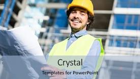  Presentation with floor plan - Cool new slide deck with man diser - construction engineer studying floor plan backdrop and a light blue colored foreground