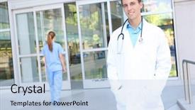  Presentation with doctor in hospital health insurance related icons healthcare person saving medical - Beautiful presentation featuring man doctor outside hospital building backdrop and a  colored foreground