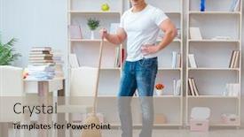  Presentation with cleaning - PPT theme with man-doing-cleaning-at-home background and a light gray colored foreground