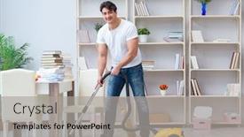  Presentation with cleaning - Colorful slide deck enhanced with man-doing-cleaning-at-home backdrop and a light gray colored foreground