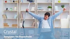  Presentation with cleaning - Theme with man-doing-cleaning-at-home background and a teal colored foreground