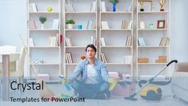  Presentation with home cleaning service - Audience pleasing PPT theme consisting of man doing cleaning at home backdrop and a light blue colored foreground