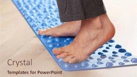  Presentation with walking exercise - Slide deck enhanced with man-doing-flatfoot-correction-gymnastic background and a  colored foreground