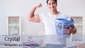  Presentation with laundry - Presentation featuring man doing laundry at home background and a light blue colored foreground