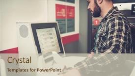  Presentation with laundry shop - Presentation theme featuring man doing laundry at laundromat background and a soft green colored foreground