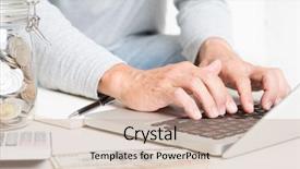  Presentation with trading online - Theme featuring man doing online trading with laptop computer calculator diary money on table accounting and technology background and a coral colored foreground