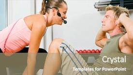  Presentation with personal training - Amazing slide set having man doing sit-ups for a fitness training in the gym assisted by his personal trainer backdrop and a coral colored foreground