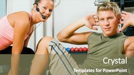  Presentation with personal training - Presentation design consisting of man doing sit-ups for a fitness training in the gym assisted by his personal instructor background and a coral colored foreground