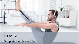  Presentation with old man and his music - PPT theme having man doing yoga and listening background and a light blue colored foreground