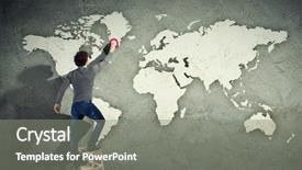  Presentation with 3d men world map - Theme featuring man drawing a world map background and a gray colored foreground