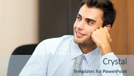  Presentation with office - PPT layouts enhanced with man dreaming success - satisfied young businessman in his background and a  colored foreground