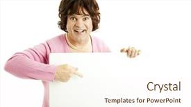  Presentation with points - PPT theme having man dressed as woman points enthusiastically to blank white sign isolated on white background and a cream colored foreground