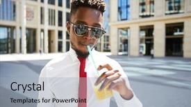  Presentation with office fruit - Colorful presentation design enhanced with african man - arrogant successful handsome businessman backdrop and a light blue colored foreground