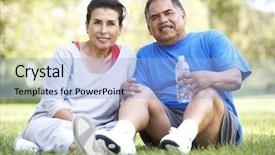  Presentation with senior couple - Colorful slides enhanced with man drinking bottled water - senior couple resting after exercise backdrop and a light blue colored foreground