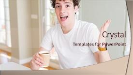  Presentation with winner cup - PPT theme consisting of man drinking take away cup background and a  colored foreground