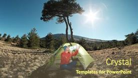  Presentation with water park - Colorful PPT theme enhanced with man drinking water from flat bottle sitting in a green tent under a big pine in etna park sicily backdrop and a tawny brown colored foreground