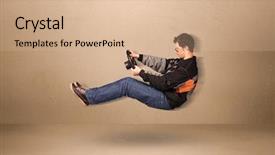  Presentation with driving - Presentation theme featuring man driving a flying car background and a coral colored foreground