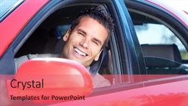  Presentation with sleepy yawning man driving car - Amazing slide set having man driving a new car backdrop and a coral colored foreground