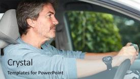  Presentation with sleepy yawning man driving car - Slides enhanced with permits licenses - mature man driving car road background and a light blue colored foreground