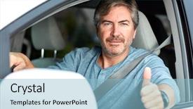  Presentation with driving road - Presentation theme consisting of permits licenses - happy man driving car road background and a light blue colored foreground