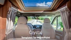  Presentation with caravan - Presentation theme with man driving on a road in the camper van rv caravan car vacation family vacation travel holiday trip in motorhome background and a gray colored foreground