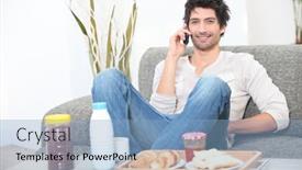  Presentation with breakfast - Amazing slide deck having man-eating-breakfast-at-home backdrop and a light blue colored foreground