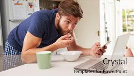  Presentation with breakfast cereal - Beautiful PPT theme featuring man eating breakfast whilst using backdrop and a soft green colored foreground