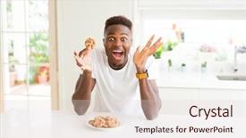  Presentation with african american startup - Presentation design featuring man eating chocolate chips cookie background and a  colored foreground